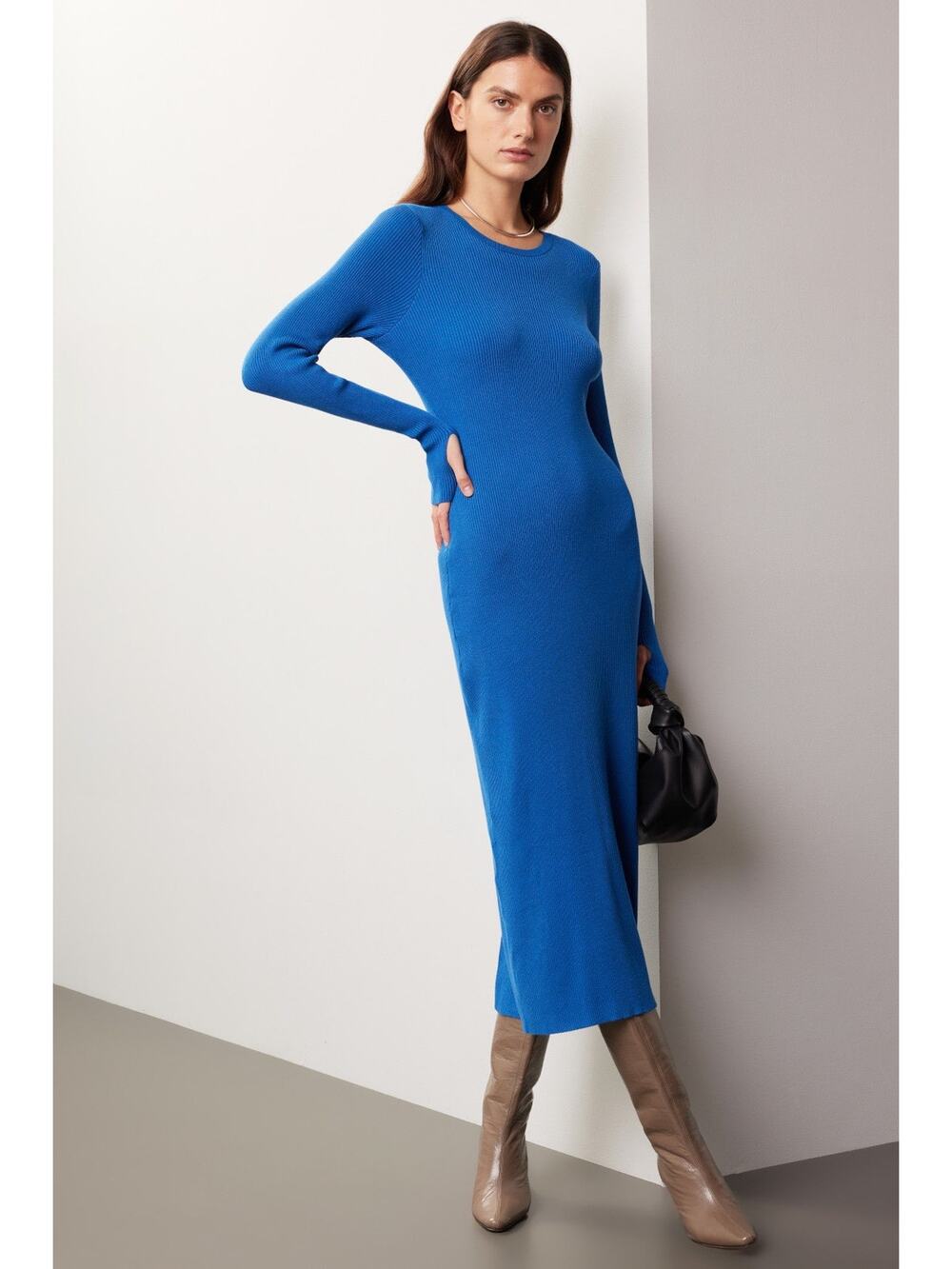 Great Jones Cobalt Blue Ribbed Knit Long Sleeve Sweater Midi Dress Size Large
